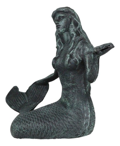 13 Zoll L Gusseisen große nautische Sirene Meerjungfrau hält Seestern Verdi grüne Statue - Bild 5 von 9
