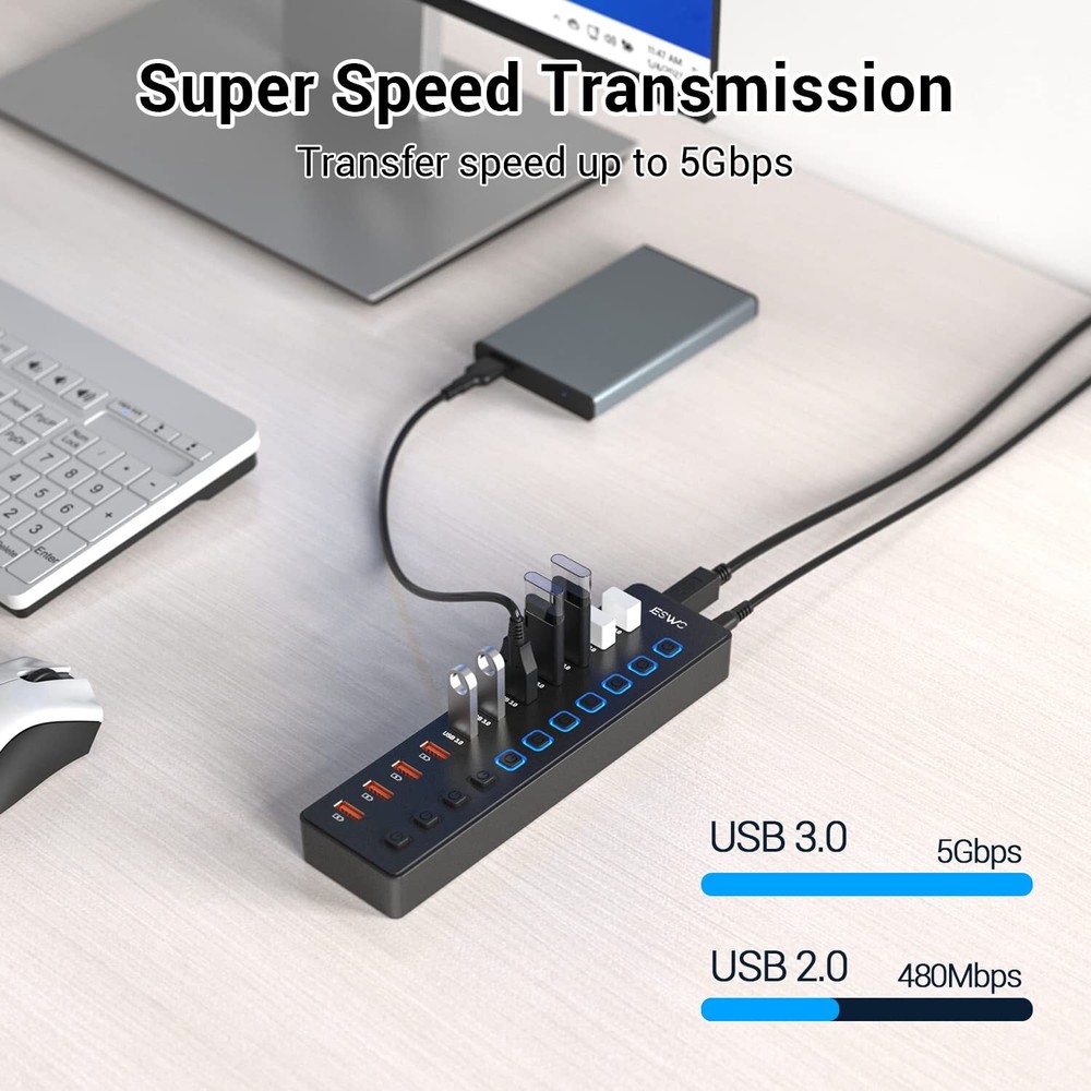 11-Port USB 3.0 Hub with 7 Data Ports & 4 Smart Charging Ports