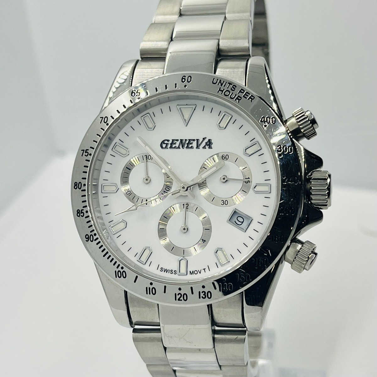 Geneva Mens Chronograph Sapphire Crystal Swiss Mov't Silver Geneva Mens Chronograph Sapphire Crystal Swiss Mov't Silver