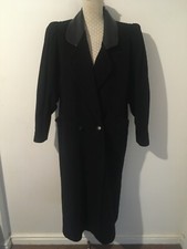Vintage Mansfield Black Wool Cashmere Blend Long Coat Real Leather Collar Size10