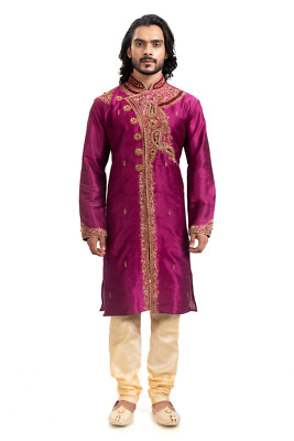 itailorman Men Traditional Burgundy Kurta Set Embroidered Festive Wedding Wear