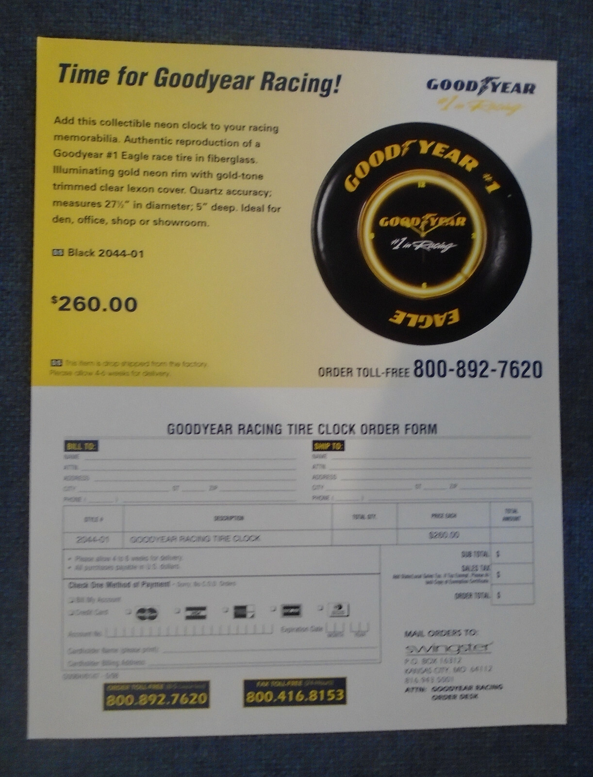 Goodyear Tire & Rubber Co Time for Goodyear Racing! Eagle tire clock 1998 