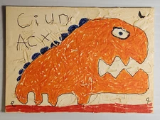 e9Art ACEO orange dinosaur outsider art brut naive