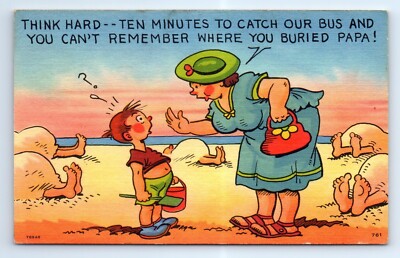Where's Dad? 10 Minutes To Catch Our Bus Linen Comic Joke Postcard c. 1940