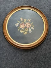Vintage Embroidery Needlepoint Floral Art Wood Frame Glass Wall Tapestry Hanging