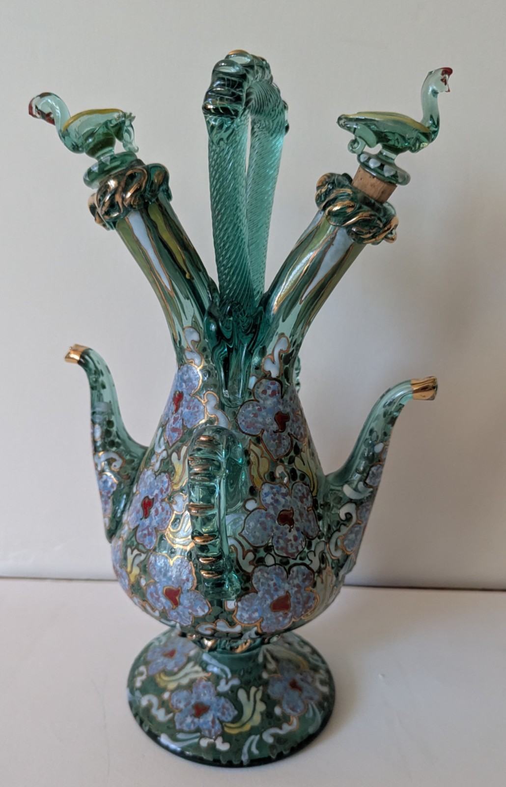 Spanish Art Glass Wedding Cruet Decanter Antique Enamel Spain 11" Tall