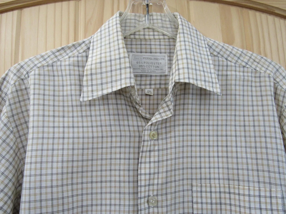 Vintage Sears Perma Prest Shirt Mens 15.5 34-35 Beige Plaid Button Down 70s - Image 2 of 4