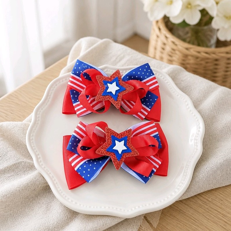4th of July Patriotic USA Flag Hair Bows Glitter Star Girls Pigtail Clips 2Pc