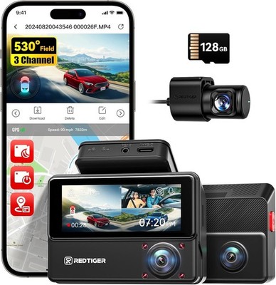 REDTIGER VP20 3-Kanal Dashcam, 2.5K+2.5K+1080P Triple Autokamera mit 128GB
