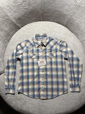 Wrangler Wrancher Shirt Mens Large Blue Yellow Plaid Pearl Snap Western