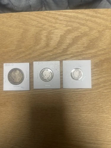 Barber Silver lot 1908-O Half Dollar, 1915-D Quarter, and 1900 Dime. 90% Silver