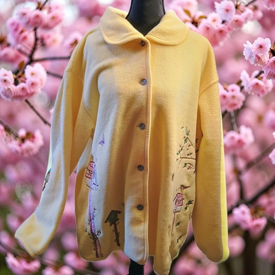 #ad #ad Vintage Northern Reflections Yellow Button up Cardigan Embroidered Birdhouse... $18.40
