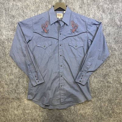 Ely Cattleman Shirt Mens Medium Blue Western Pearl Snap Eagle Embroidery Rodeo