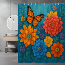 Colorful Floral Shower Curtain with Butterfly Design