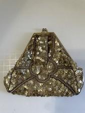 Vtg. Small Gold Evening Bag In Gold Sequins  Beads Kisslock Boho 20s/30  s Style