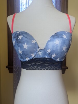 NWT Victoria's Secret PINK USA Hot Pink Blue Stars Convertible Straps Lace 36C