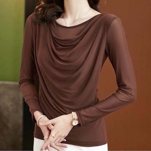 Lady Formal Mesh Basic Blouse Top Cowl Slim Fitted Pleated T Shirt Pullover Top - Picture 9 of 19