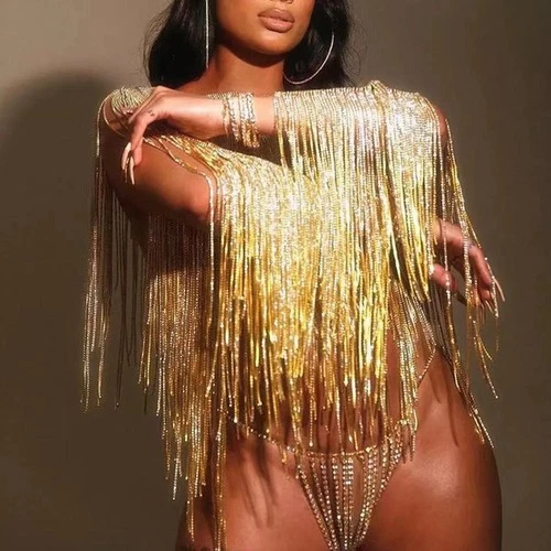 Sexy Body Bikinis Long Tassel Underwear Shoulder Rhinestone Bra Harness Necklace - Image 4 of 4