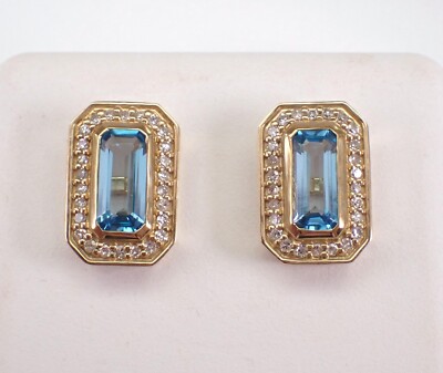 2Ct Emerald Cut Lab-Created Blue Topaz Halo Stud Earring 14K  Yellow Gold Plated