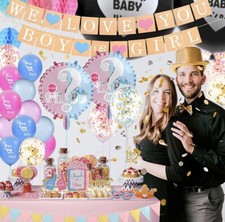 Gender Reveal Kit 36  Giant Balloon, Confetti Cake Toppers, Ribbons, More