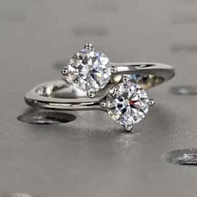 5 mm Rundschliff Moissanit Toi Et Mo Verlobungsring massiv 14 Karat Weißgold vergoldet