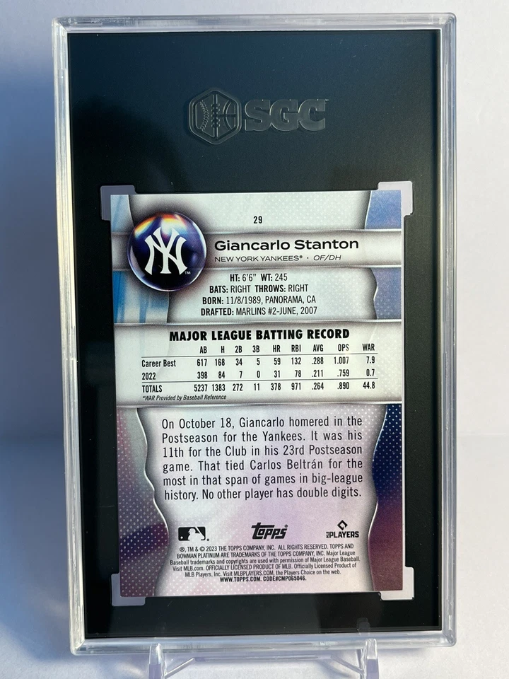 2023 Bowman Platinum Giancarlo Stanton Pink Ice Foil /199 NY Yankees #29 SGC 10 - Image 2 of 2