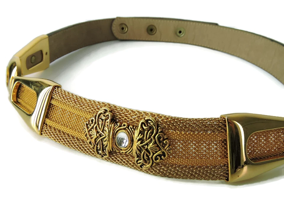 BB Simon Belt Gold-tone Mesh Metal Chain filigree Crystal Black Leather Size M - Image 2 of 4