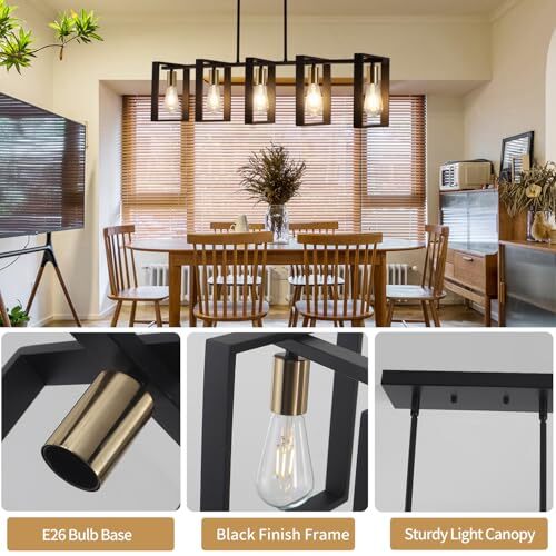 5-Light Rustic Black Metal Rectangular Pendant Lighting,Farmhouse Kitchen - Picture 7 of 8