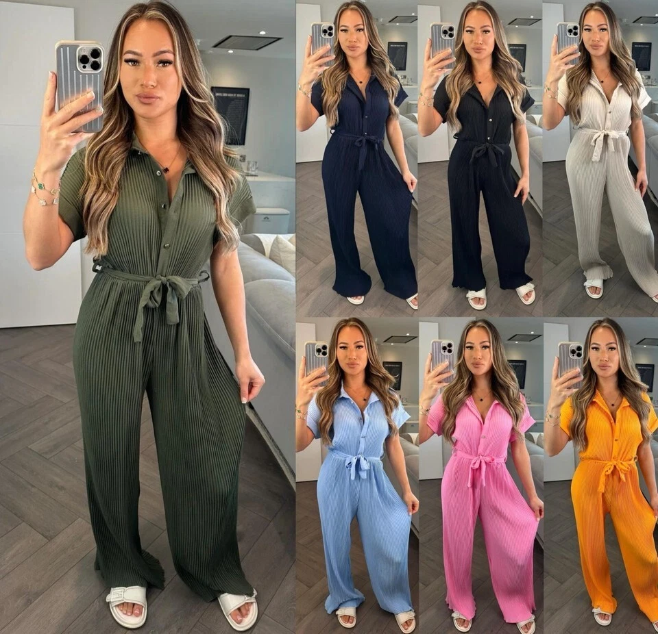 Women Gold Pleated Summer Button-Up Collared Tie Waist Jumpsuit Playsuit Dress