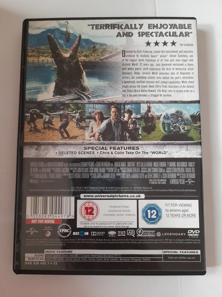 Jurassic World (DVD, 2015)- Chris Pratt- Special Features/Deleted Scenes - Image 2 of 4