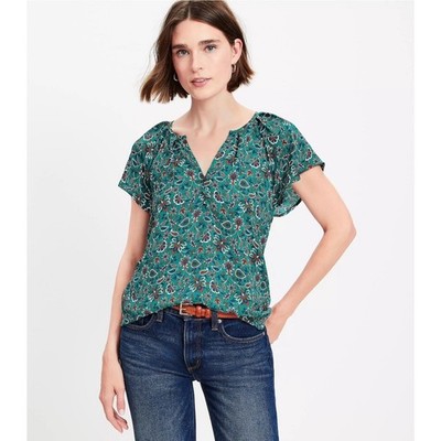 LOFT Floral Flutter Sleeve Mixed Media Top S