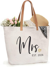Mrs Gifts for Bride 2026 - Large Canvas Wedding Tote Bag with Zipper, Bridal Sho