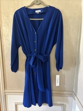 Calvin Klein Women's Long Sleeve Blue V-Neck Button Up NWT Dress Size 8