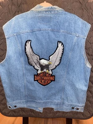 Y2K Harley-Davidson Denim Vest Blue 100% Cotton with Eagle Patch - Image 1 of 4