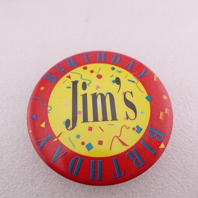 Jim's Birthday Pinback Button Round Red Yellow Confetti