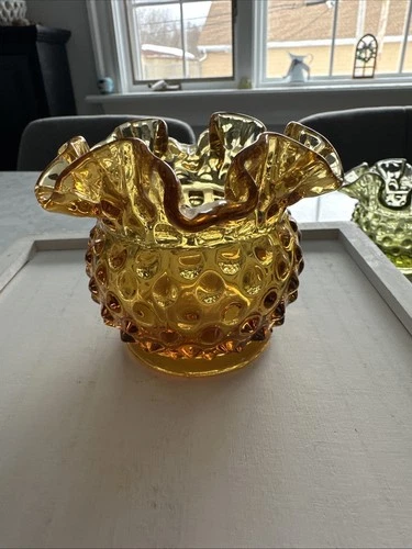 Vintage Fenton Amber Hobnail Ruffled Edge Glass Vase