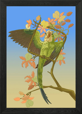 Papagei auf Ast mit Blumen gerahmtes Wandbild Poster Leinwanddruck Bild