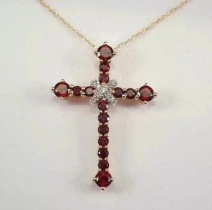 Authentic 2Ct Round Cut 14k Yellow Gold Plated Lab Created Red Garnet Women Cross Pendant