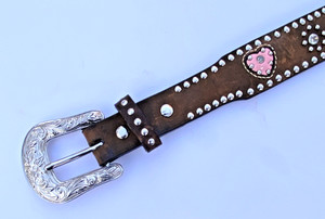 Nocona Girls Western Leather Belt Pink Heart Cross Studded Buckle Size 24