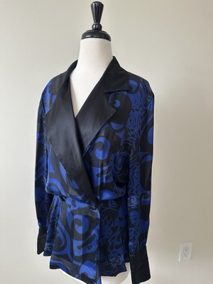 LOEWE Vintage Blue and Black Silk Blouse Blazer. No tag size. Made in Spain.