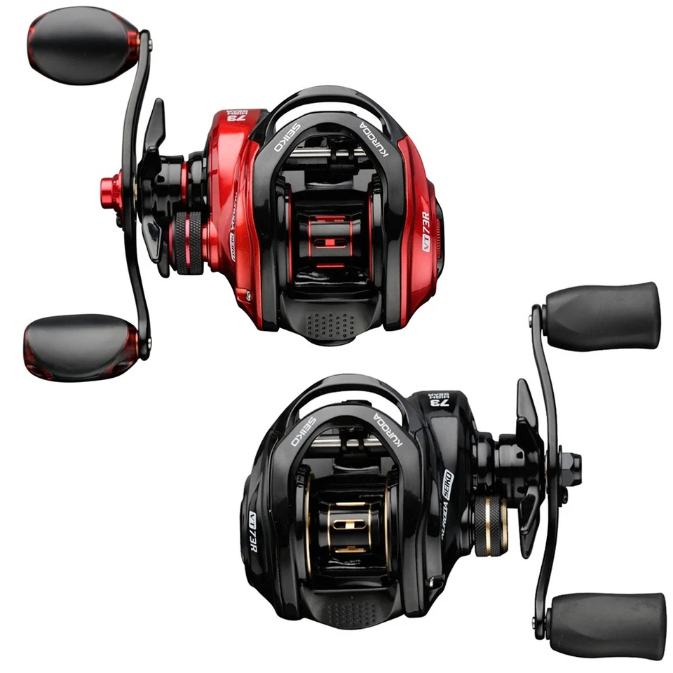 Carrete de baitcasting de pesca de metal 7,3:1 relación de engranajes para mano derecha 8 kg/17,6 lb arrastre máximo Foto 2 de 4