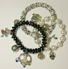 Lot of 3 Halloween Charm Bracelet Black Purple Green Skull Silvertone White