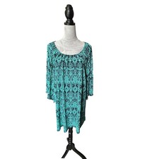 NAIF Paisley Print Dress Teal Green 3/4 Sleeve Scoop Neck Casual Womens Medium