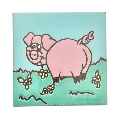 1980s Vintage Italian Colorful Glazed Pig Swine Square Tile Trivet Coaster 6 