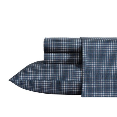 Nautica Reece Plaid King Bed Linen Set Navy Blue Cotton Percale Bedding
