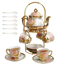 20 Pieces European Vintage Ceramic Tea Set with Metal Cup Large, golden rose