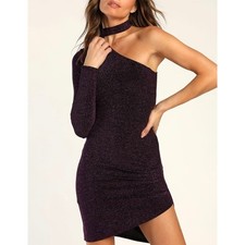 LULUS Flirty Confidence One Shoulder Mini Dress Purple Glitter Medium M