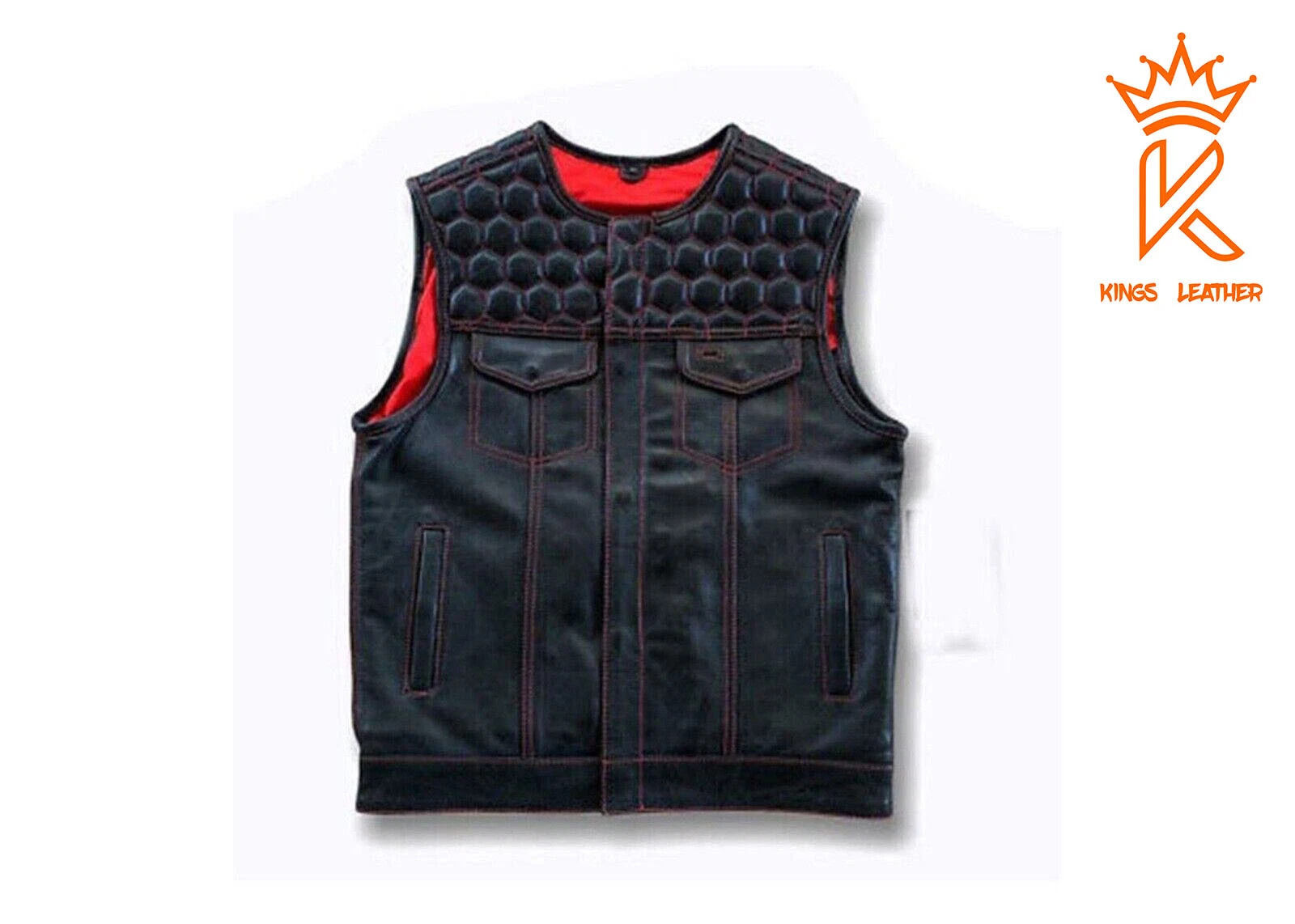 Black Leather Premium Motorcycle Vest Red Inner/Thread Football Stitch Bike Vest