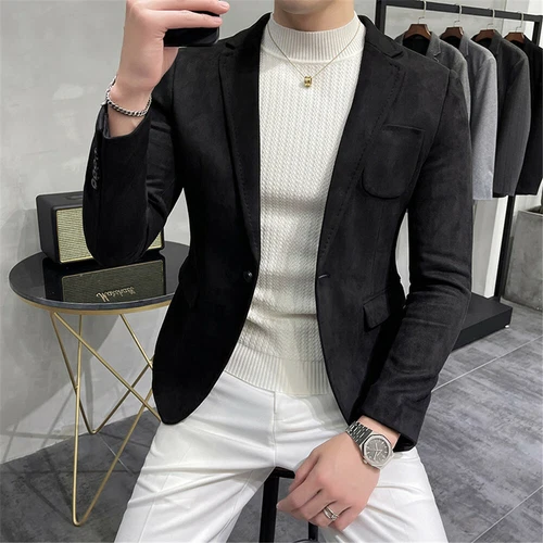 Men Suede Blazer Jacket Business Formal Casual Button Slim Fit Suit Coat Tops - Picture 4 of 21