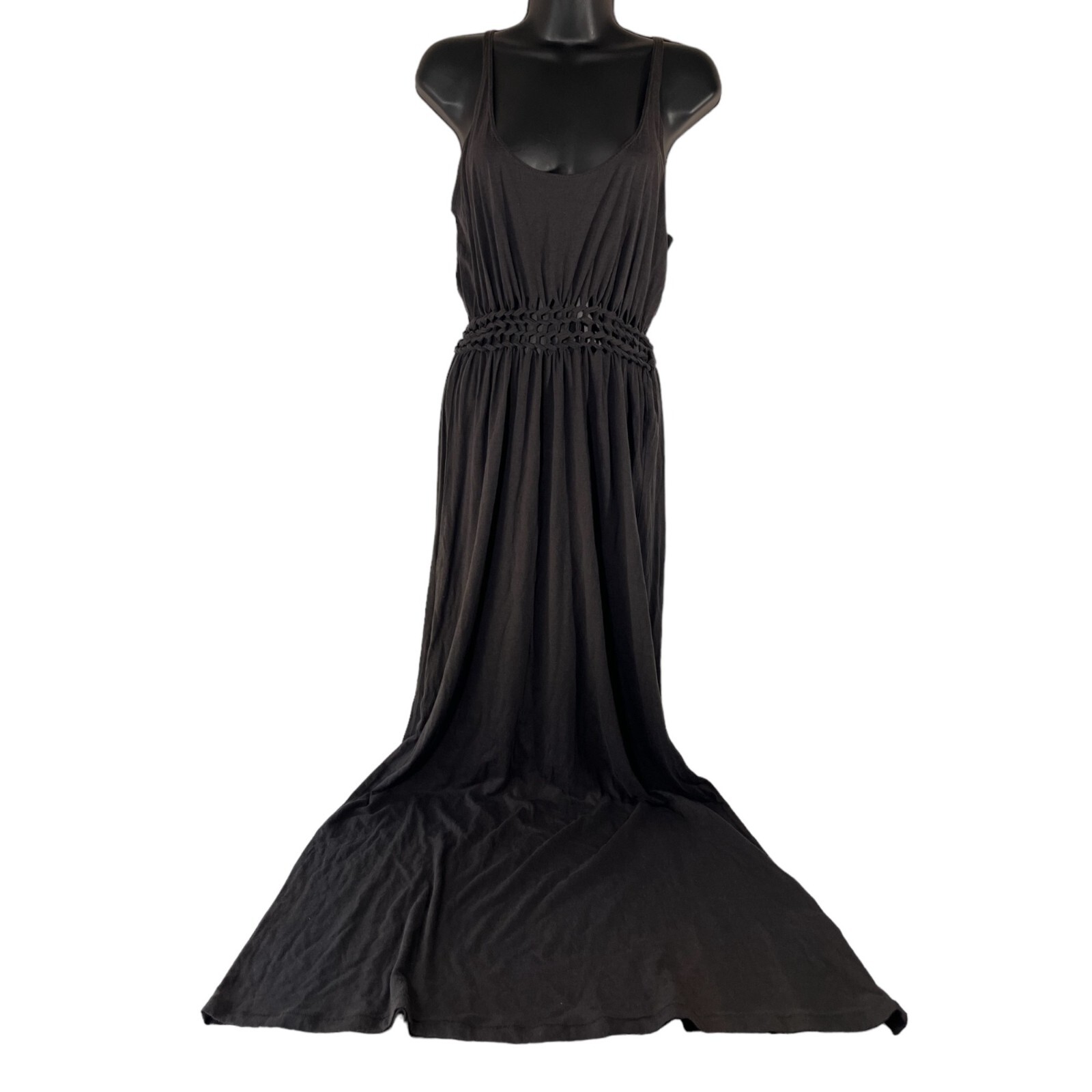 OBEY Maxi Dress Black Stretchy Cotton Crochet Strappy Long Form Fitting Boho-image